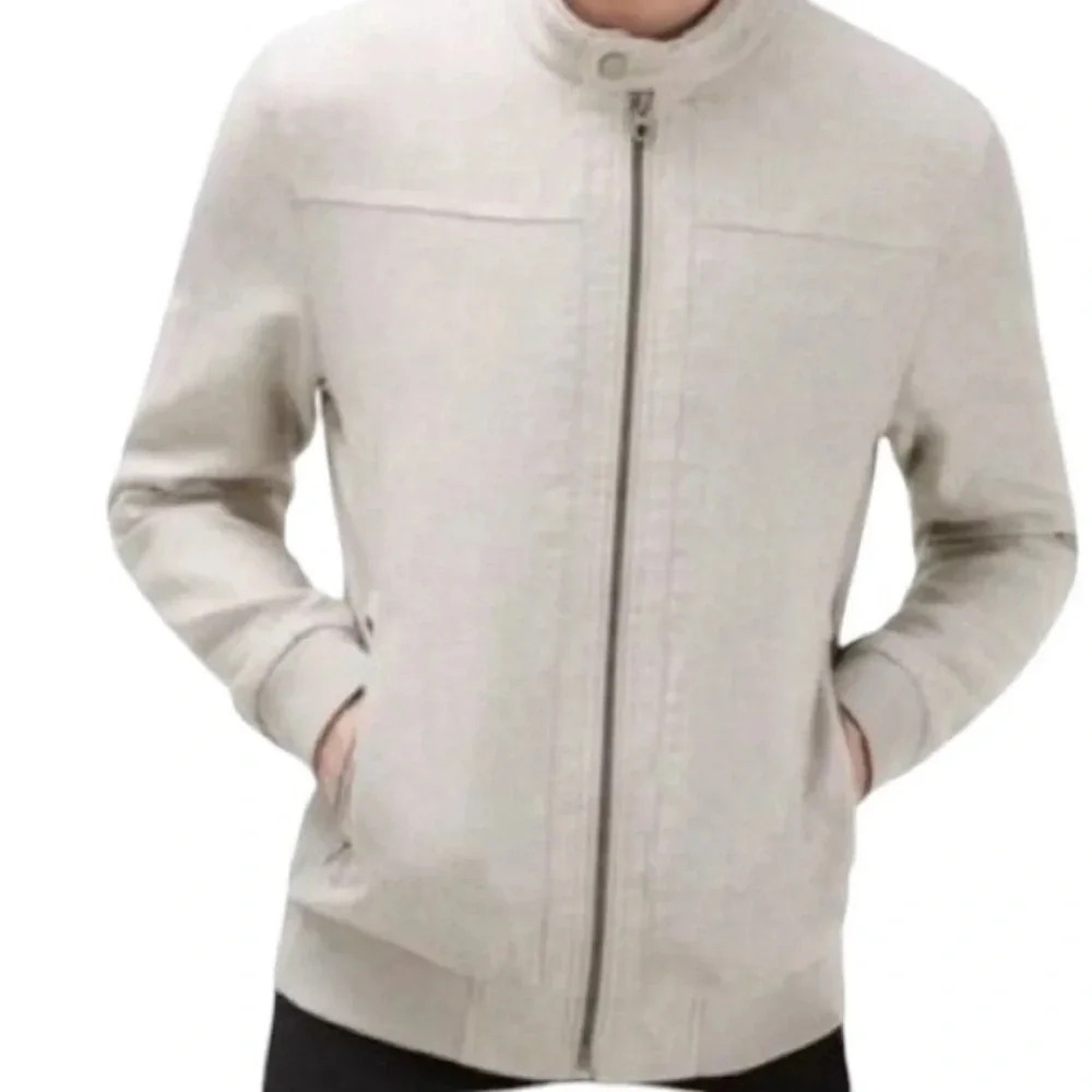 Zara Linen Beige Smooth bomber jacket classic minimalist Members only Coded